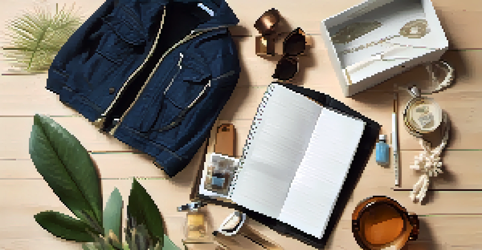 A flat lay display of thrifted clothing and sustainable fashion pieces on a wooden surface, accompanied by a plant and a notebook, all illuminated by natural light.