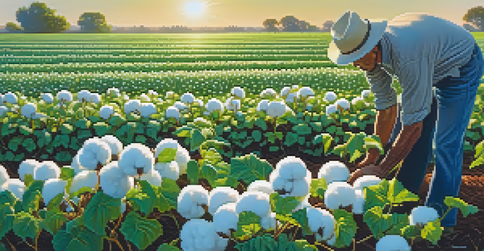 A farmer harvesting cotton in a lush green cotton field under a clear blue sky, with soft sunlight filtering through the leaves.