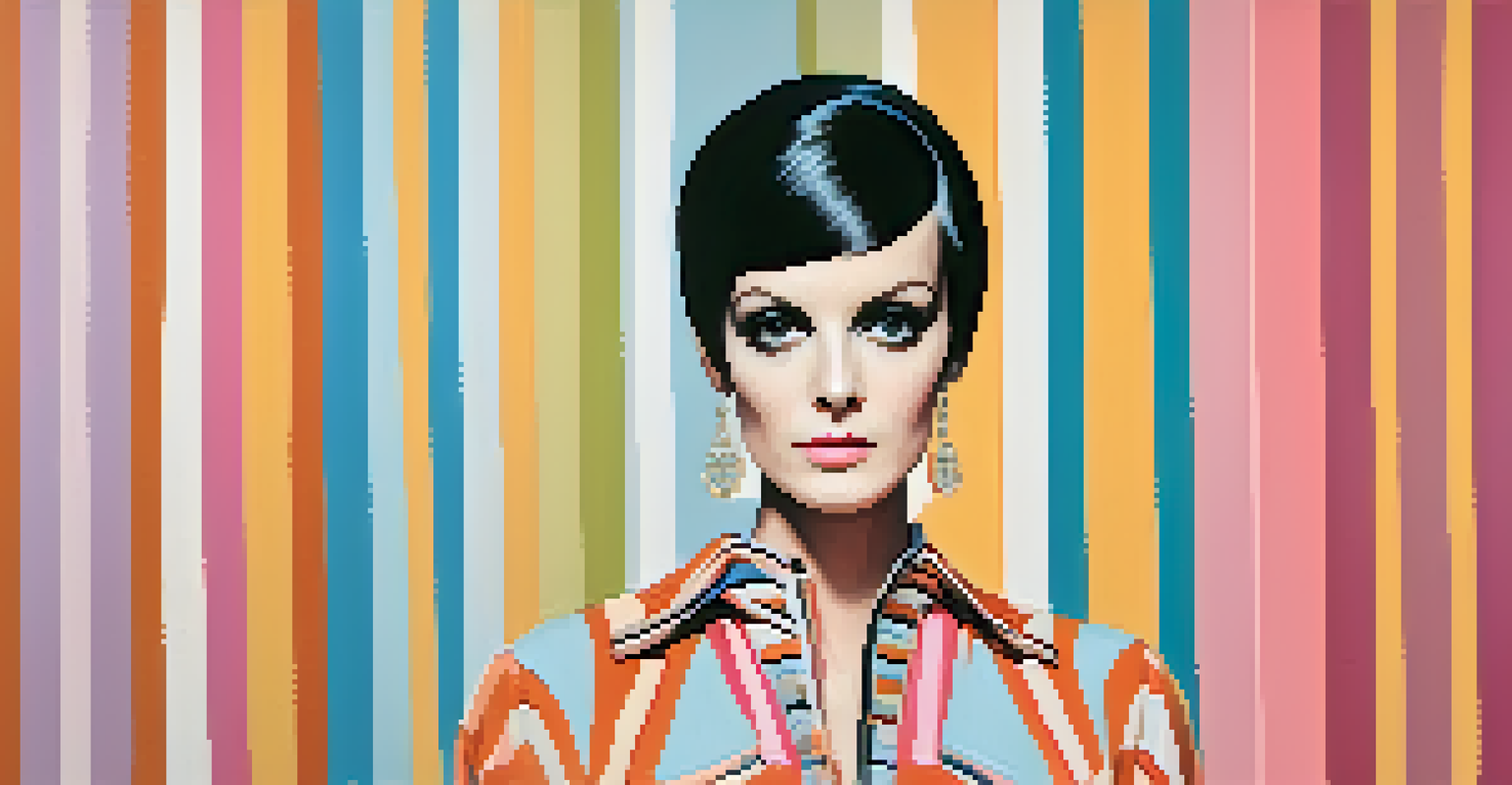 A fashion model inspired by Twiggy, showcasing 1960s fashion in a retro studio with geometric decor.