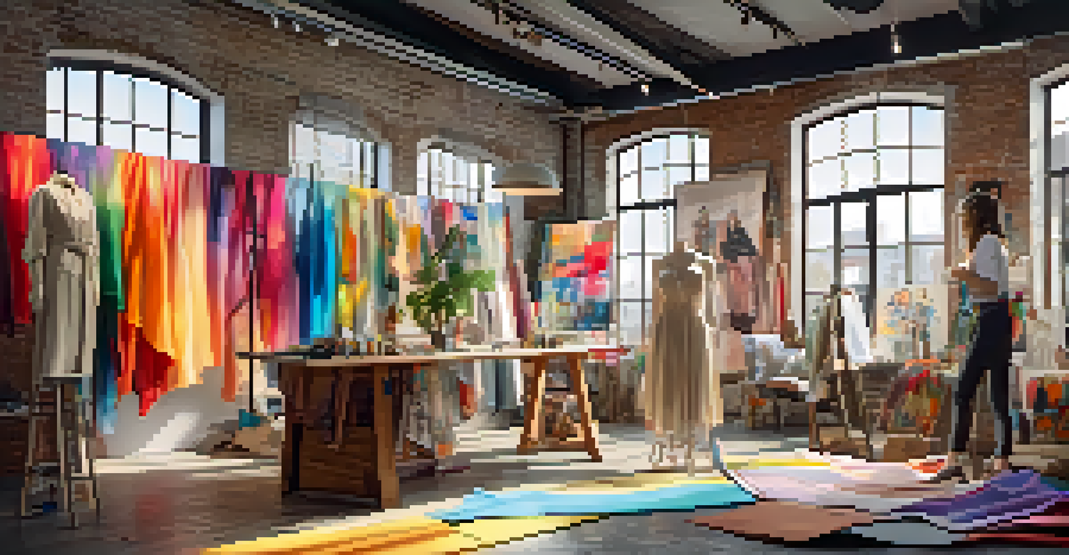 A fashion designer in a studio, creating a gender-neutral clothing line with fabrics and sketches around them.