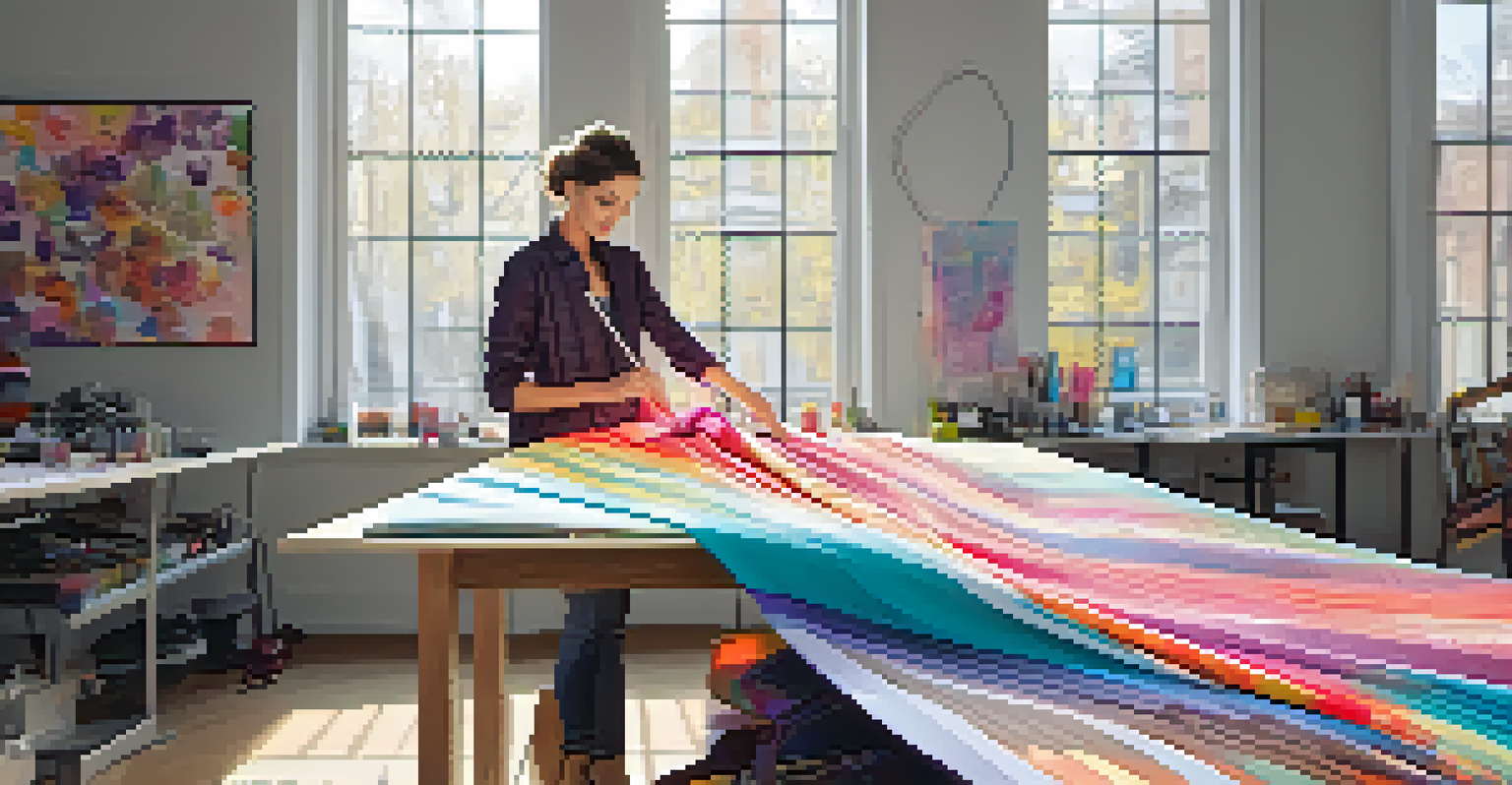 A fashion designer creating a smart fabric garment in a bright studio filled with colorful materials.