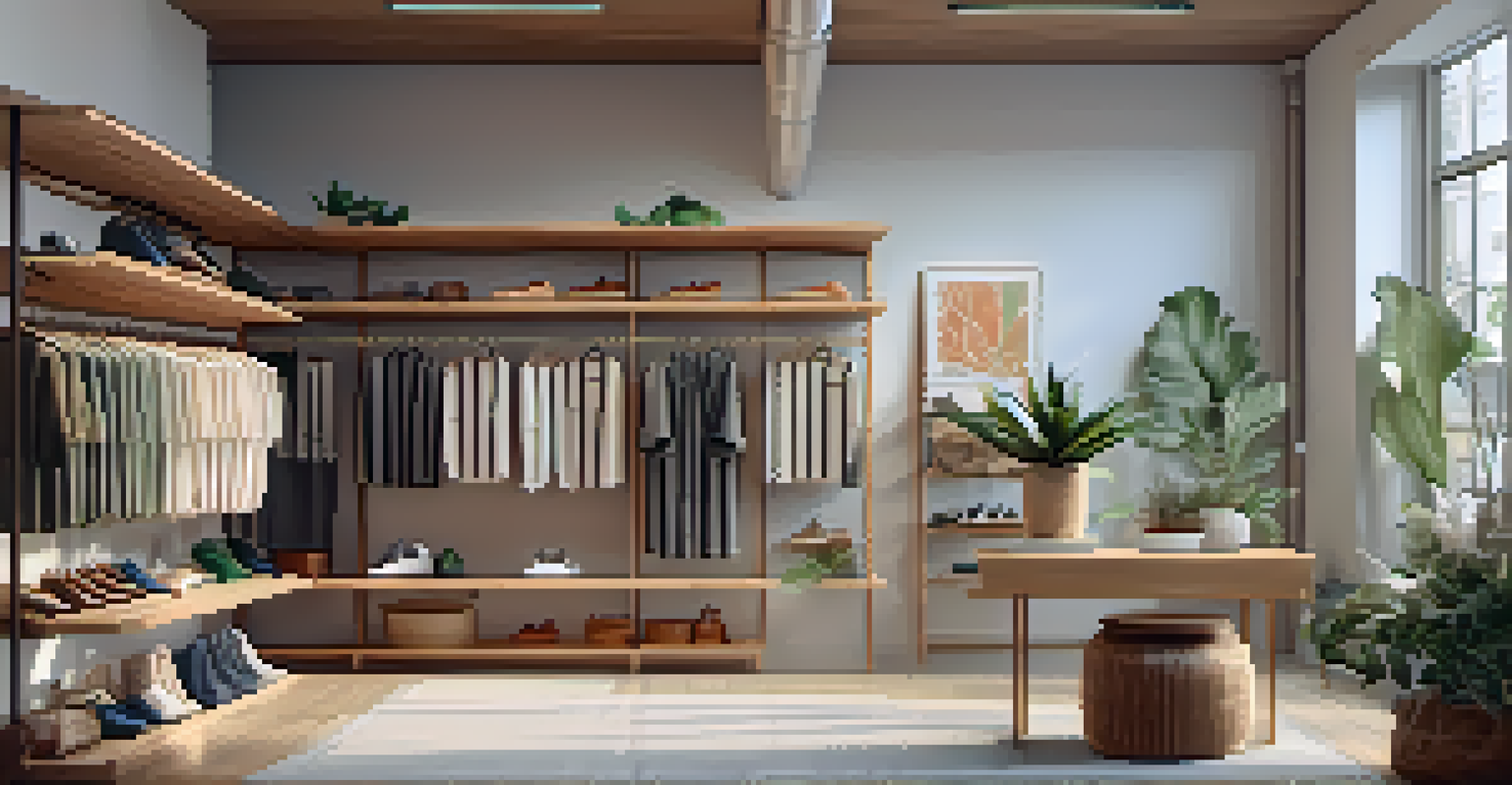 A cozy boutique interior showcasing sustainable fashion items on wooden shelves, with a mannequin displaying an eco-friendly outfit.
