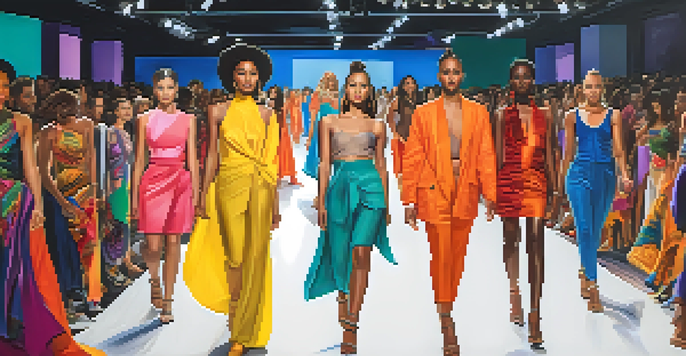 A diverse fashion runway featuring models of various ethnicities and body types, displaying colorful outfits in a modern venue.