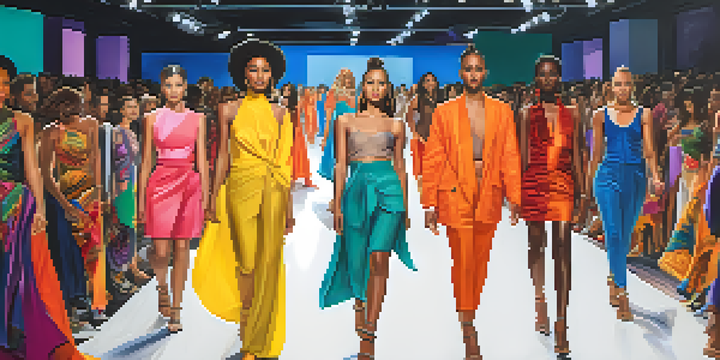 A diverse fashion runway featuring models of various ethnicities and body types, displaying colorful outfits in a modern venue.