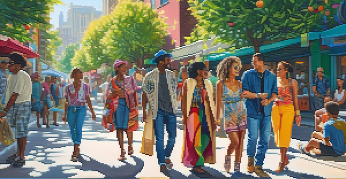 A lively street scene with people of different backgrounds wearing colorful and eclectic fashion styles, surrounded by vibrant murals and greenery.
