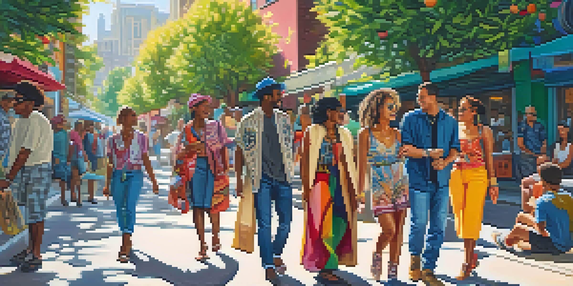 A lively street scene with people of different backgrounds wearing colorful and eclectic fashion styles, surrounded by vibrant murals and greenery.