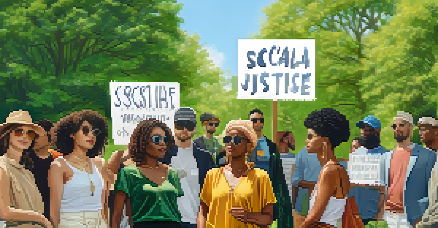 A diverse group of people in a park wearing sustainable fashion and holding signs for social justice, surrounded by greenery.