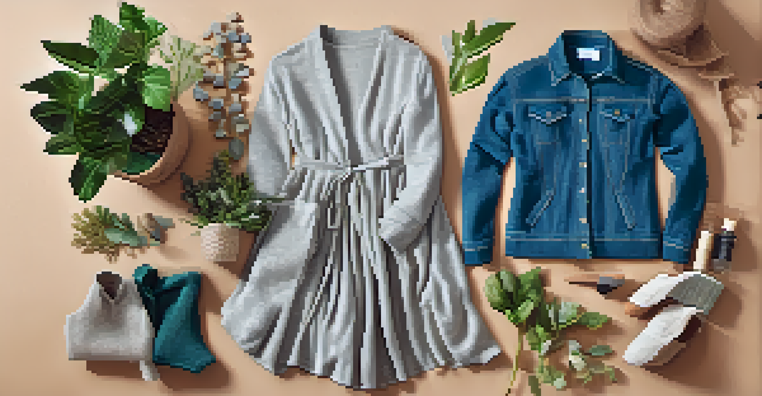 A flat lay of eco-friendly clothing made from recycled materials, surrounded by natural elements like plants and organic fabrics, emphasizing sustainability.
