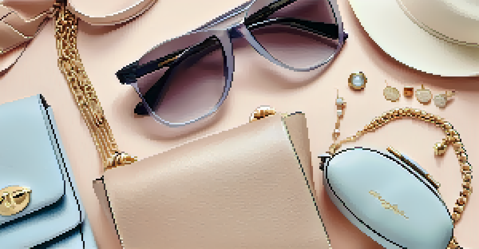A flat lay arrangement of fashionable accessories, including a handbag and sunglasses, on a pastel background.