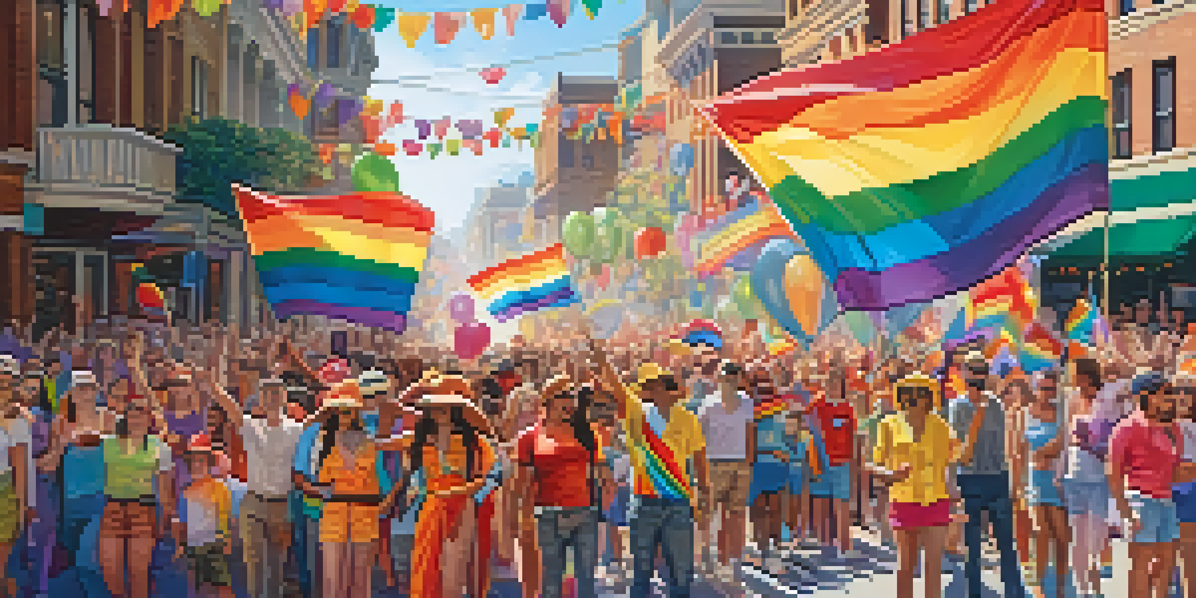 A lively Pride parade with people in colorful outfits and rainbow flags, surrounded by a cheering crowd and bright balloons.