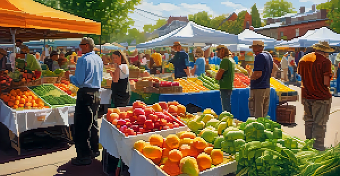 A bustling farmer's market with colorful fruits and vegetables, warm sunlight illuminating the scene, and a community board in the background promoting sustainability.
