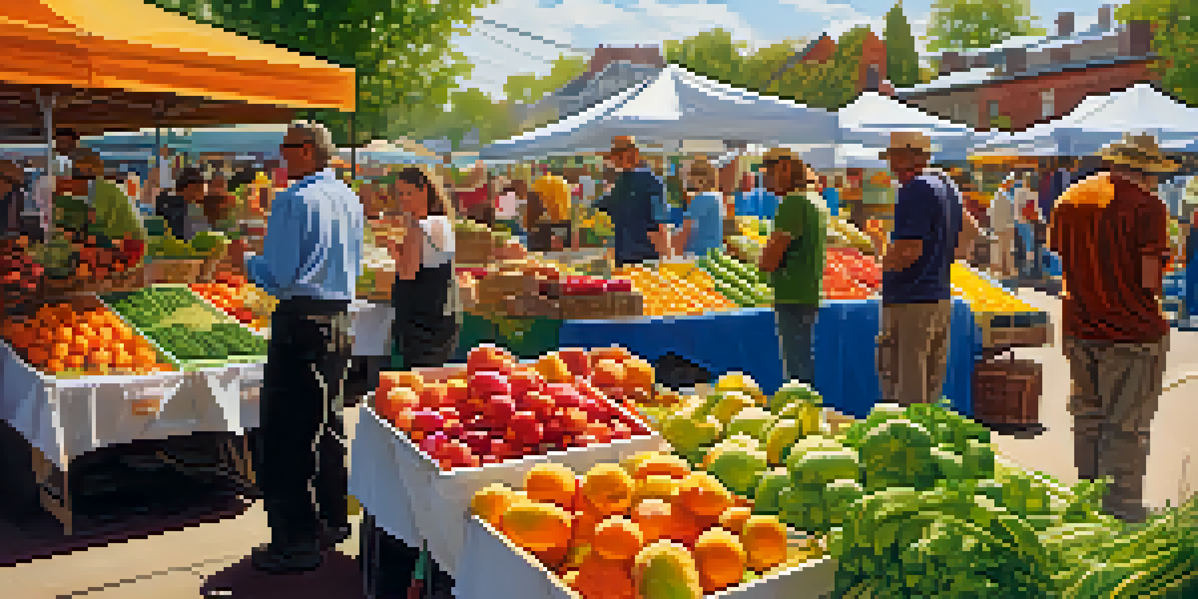 A bustling farmer's market with colorful fruits and vegetables, warm sunlight illuminating the scene, and a community board in the background promoting sustainability.