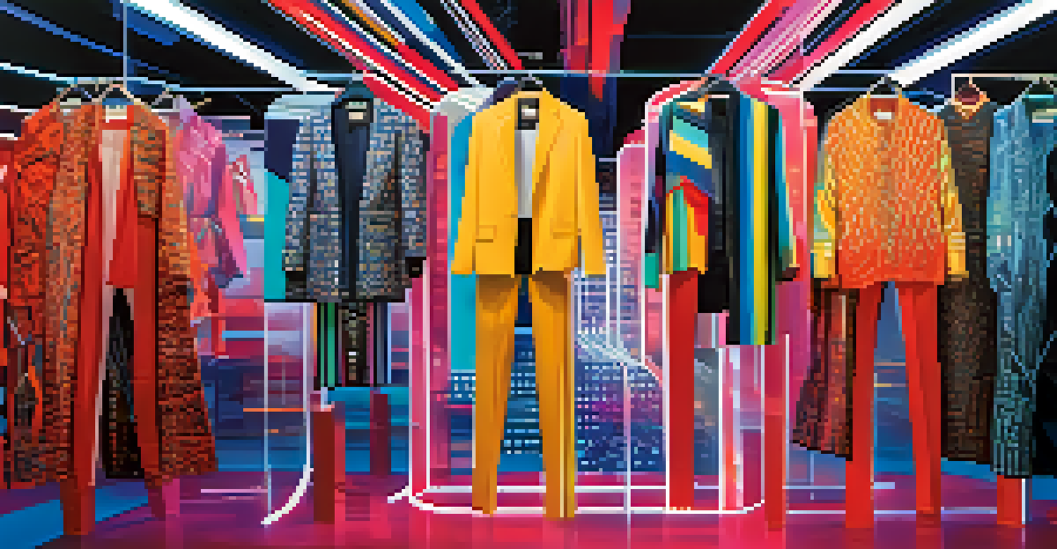 An artistic depiction of blockchain technology in fashion, showing interconnected garments with digital tags.