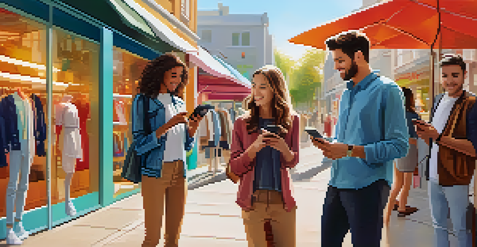 A group of friends using mobile devices to check product availability outside a trendy clothing store in a vibrant shopping district.