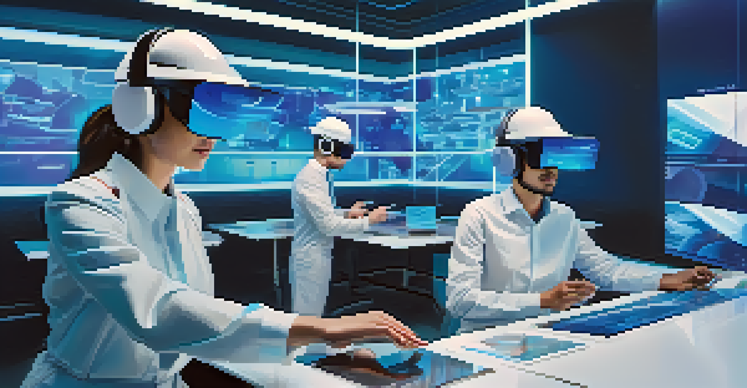 Workers using augmented reality headsets in a modern fashion technology workspace, with holographic displays around them.