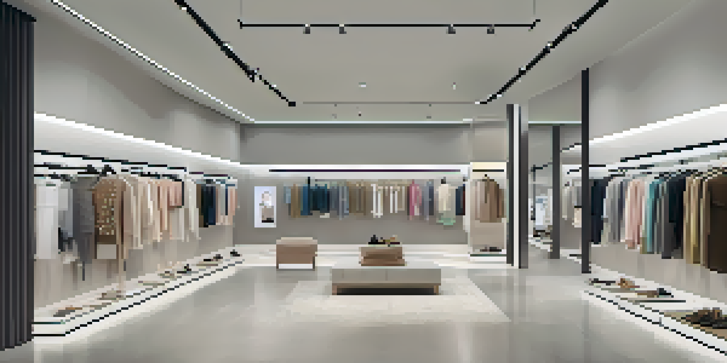 A contemporary fashion retail store featuring digital screens and augmented reality mirrors, with customers trying on outfits in a warm, inviting atmosphere.