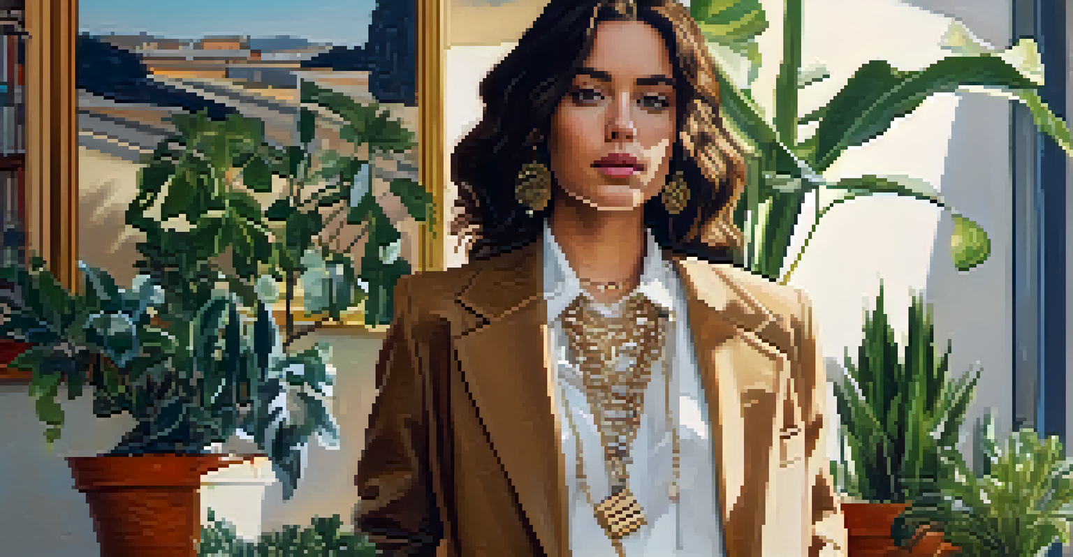 A young woman showcasing her trendy outfit made from second-hand clothing, standing in a bright room with plants and eclectic decor.