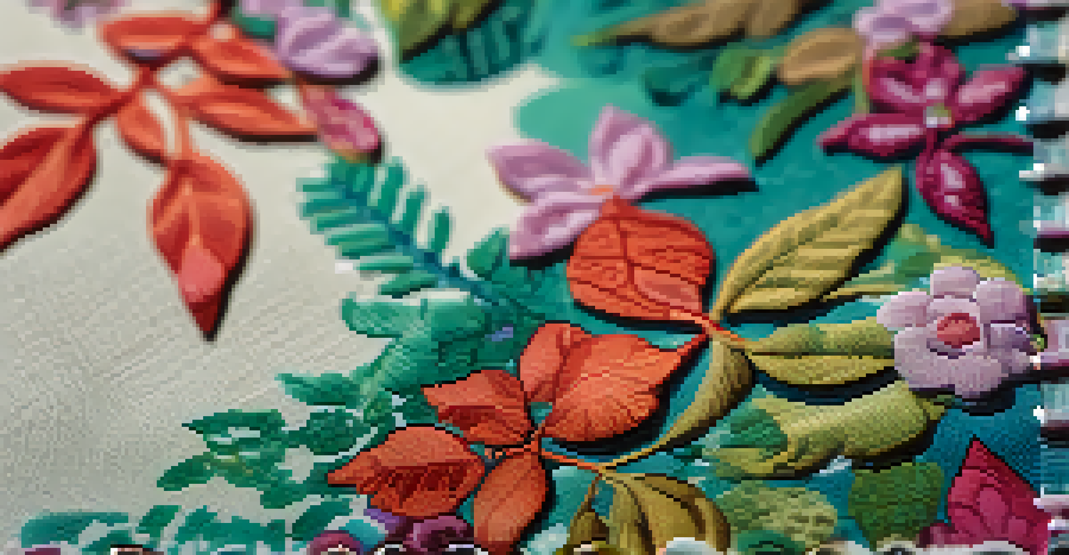 A detailed view of a digital fabric swatch with intricate AI-generated patterns, set against a backdrop of natural elements.
