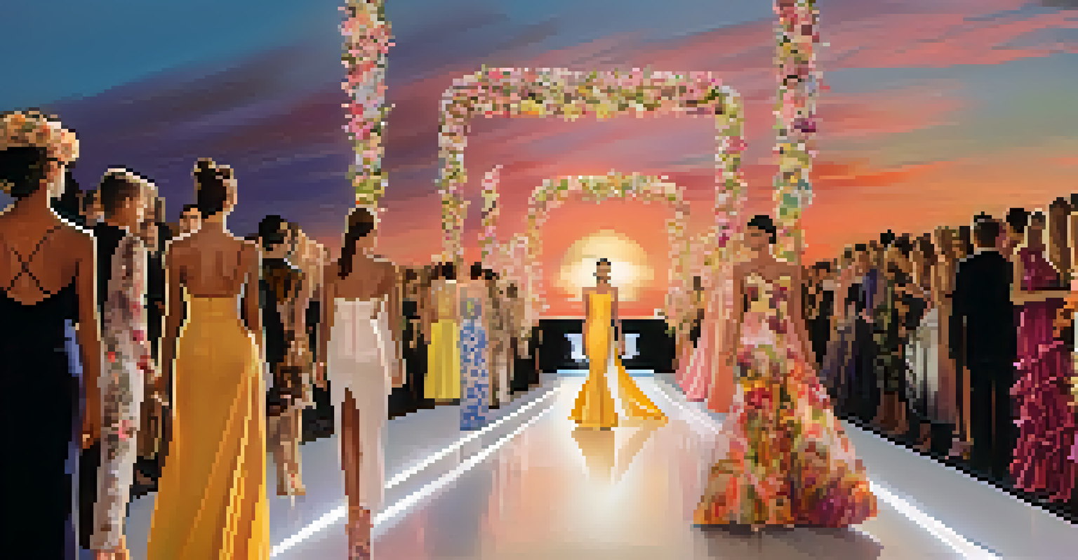 A vibrant outdoor fashion runway show at sunset with models showcasing luxury fashion trends and an audience in the foreground.
