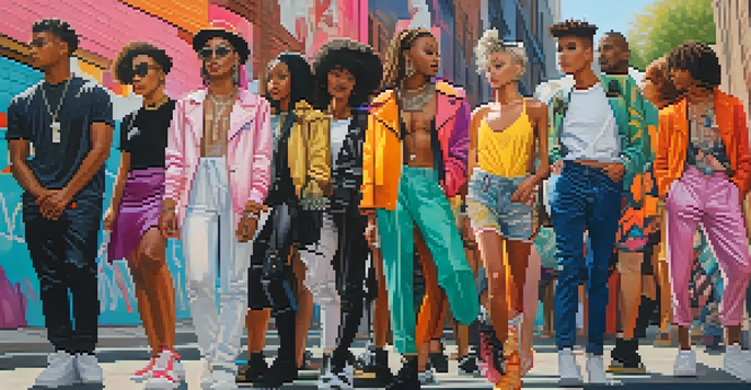 A diverse group of individuals in gender fluid fashion standing on a city street, with colorful clothing and graffiti art in the background.