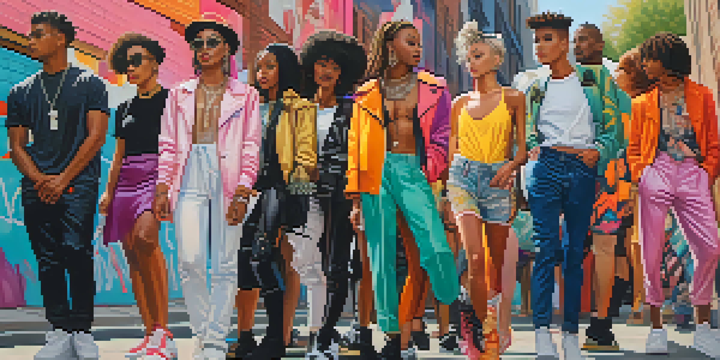 A diverse group of individuals in gender fluid fashion standing on a city street, with colorful clothing and graffiti art in the background.