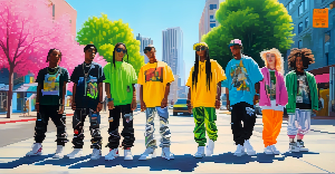 A lively urban scene with young individuals wearing colorful streetwear inspired by Billie Eilish, surrounded by vibrant graffiti.