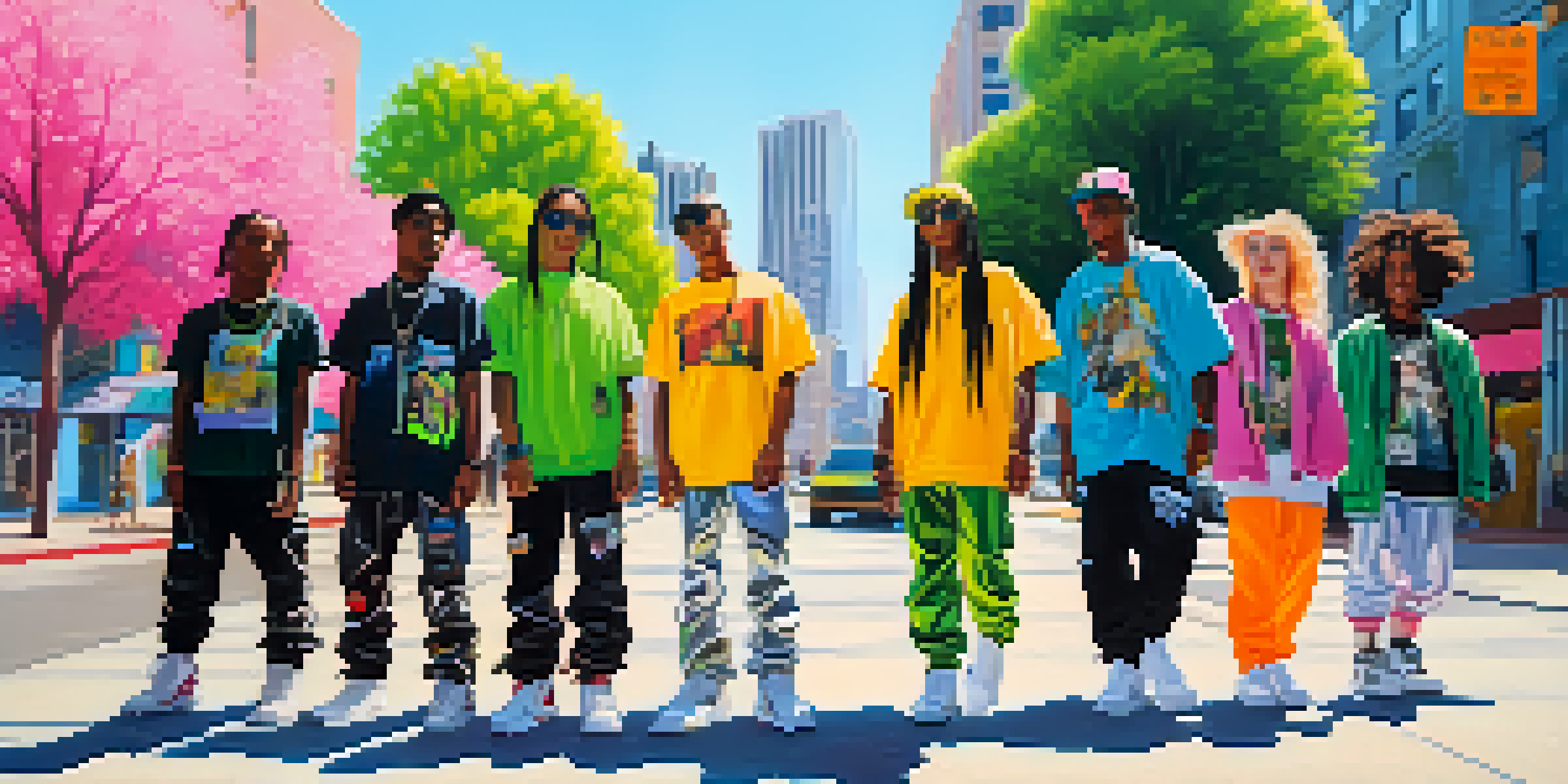 A lively urban scene with young individuals wearing colorful streetwear inspired by Billie Eilish, surrounded by vibrant graffiti.