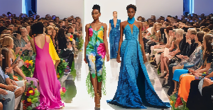 A diverse group of models walking down a runway in colorful, sustainable fashion, surrounded by floral decorations and a captivated audience.