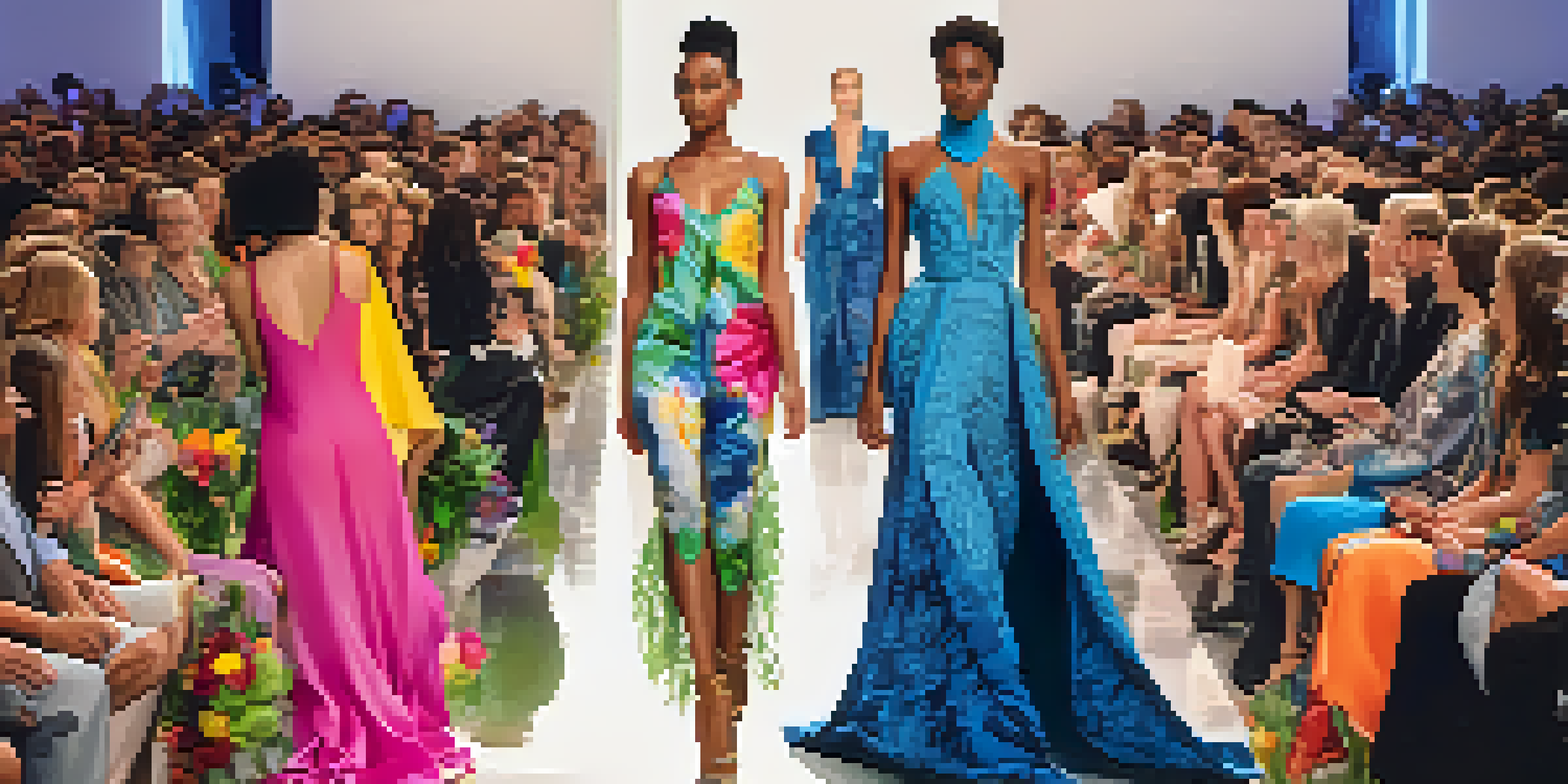 A diverse group of models walking down a runway in colorful, sustainable fashion, surrounded by floral decorations and a captivated audience.
