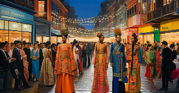A lively street scene at a fashion week, featuring models in traditional and modern clothing, with a cityscape and spectators in the background.