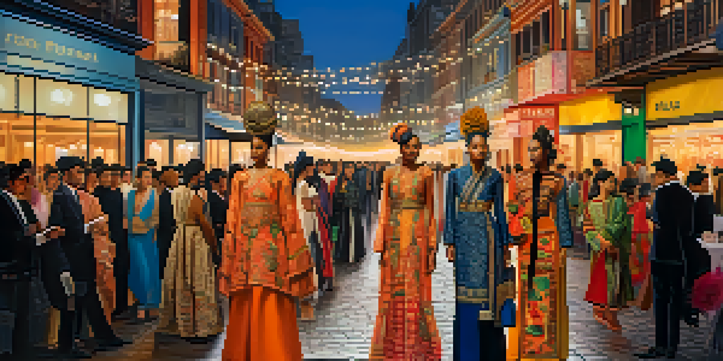 A lively street scene at a fashion week, featuring models in traditional and modern clothing, with a cityscape and spectators in the background.
