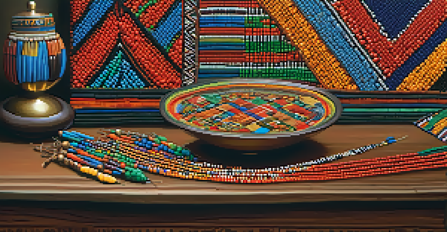Close-up of vibrant Maasai beadwork on a wooden table, with traditional clothing blurred in the background.