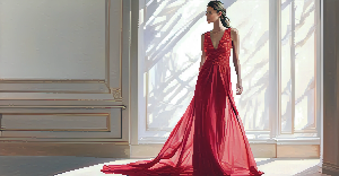 A tall model in a red evening gown with lace details, posed elegantly against a pastel background.