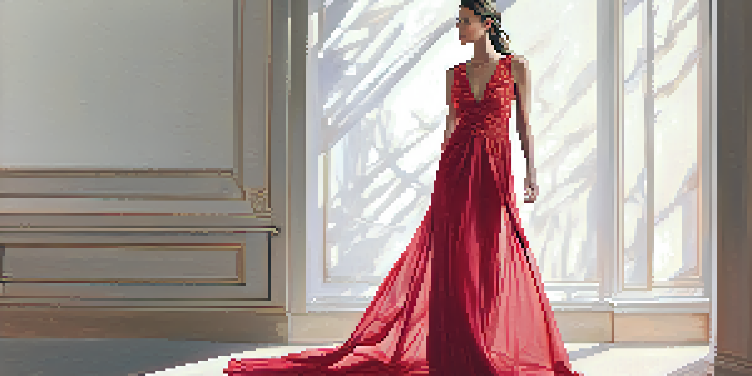 A tall model in a red evening gown with lace details, posed elegantly against a pastel background.