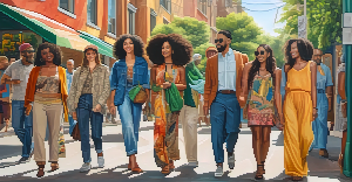 A sunny street scene featuring diverse individuals in eco-friendly fashion with urban greenery in the background.