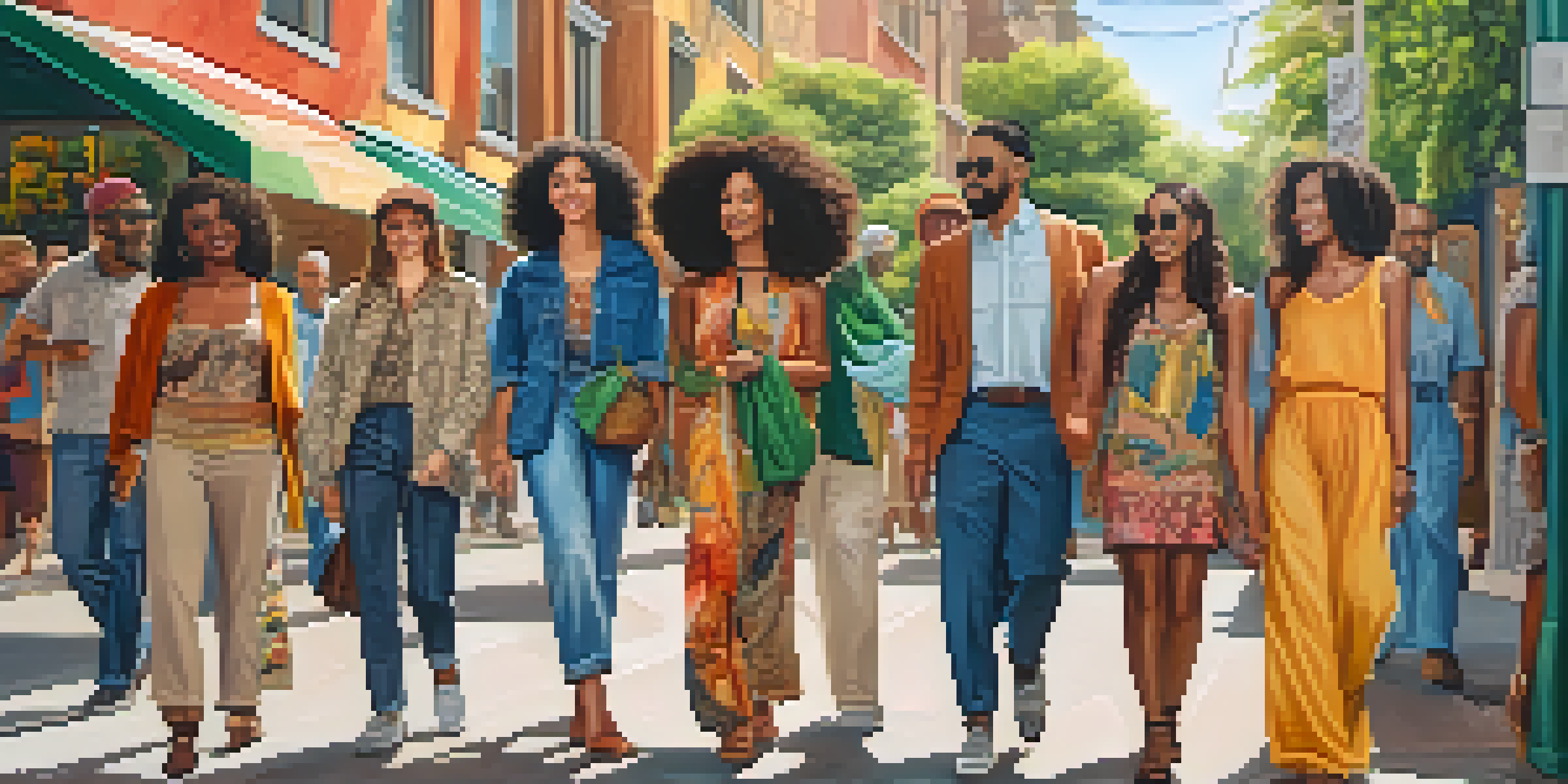 A sunny street scene featuring diverse individuals in eco-friendly fashion with urban greenery in the background.