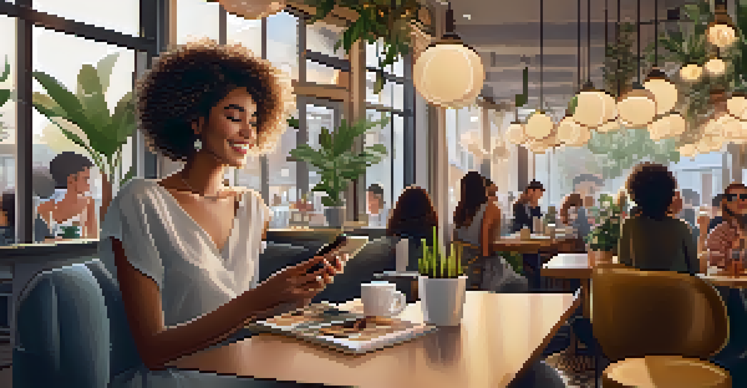 A fashion influencer in a stylish outfit at a cozy cafe, interacting with her phone and surrounded by magazines.