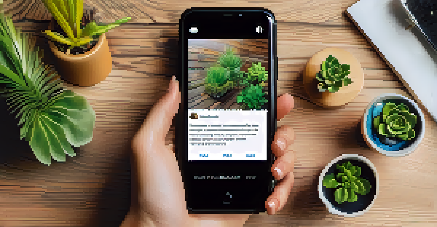 Close-up of hands holding a smartphone showing an Instagram page about sustainable fashion, with a textured wooden surface and small plants in the background.