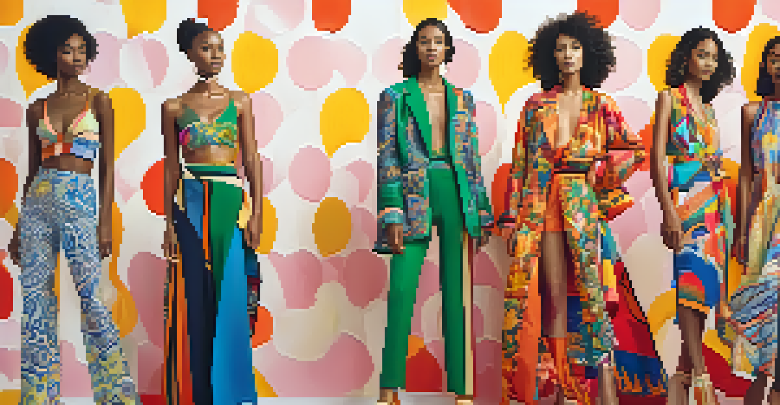 A contemporary fashion illustration of diverse models in sustainable fashion designs, portrayed in dynamic poses with bright colors.