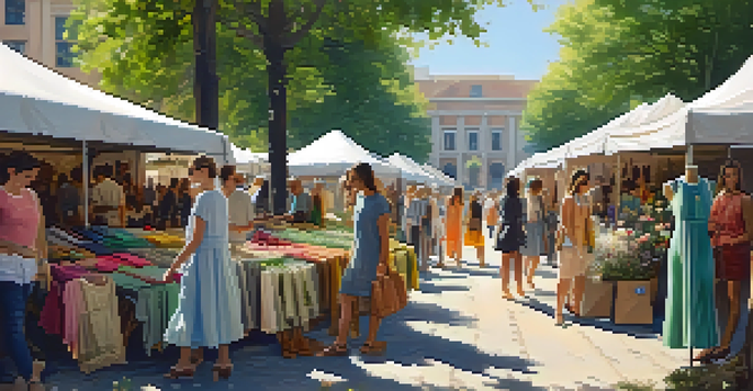 A sustainable fashion market with colorful stalls and diverse shoppers exploring eco-friendly clothing under sunlight filtering through trees.