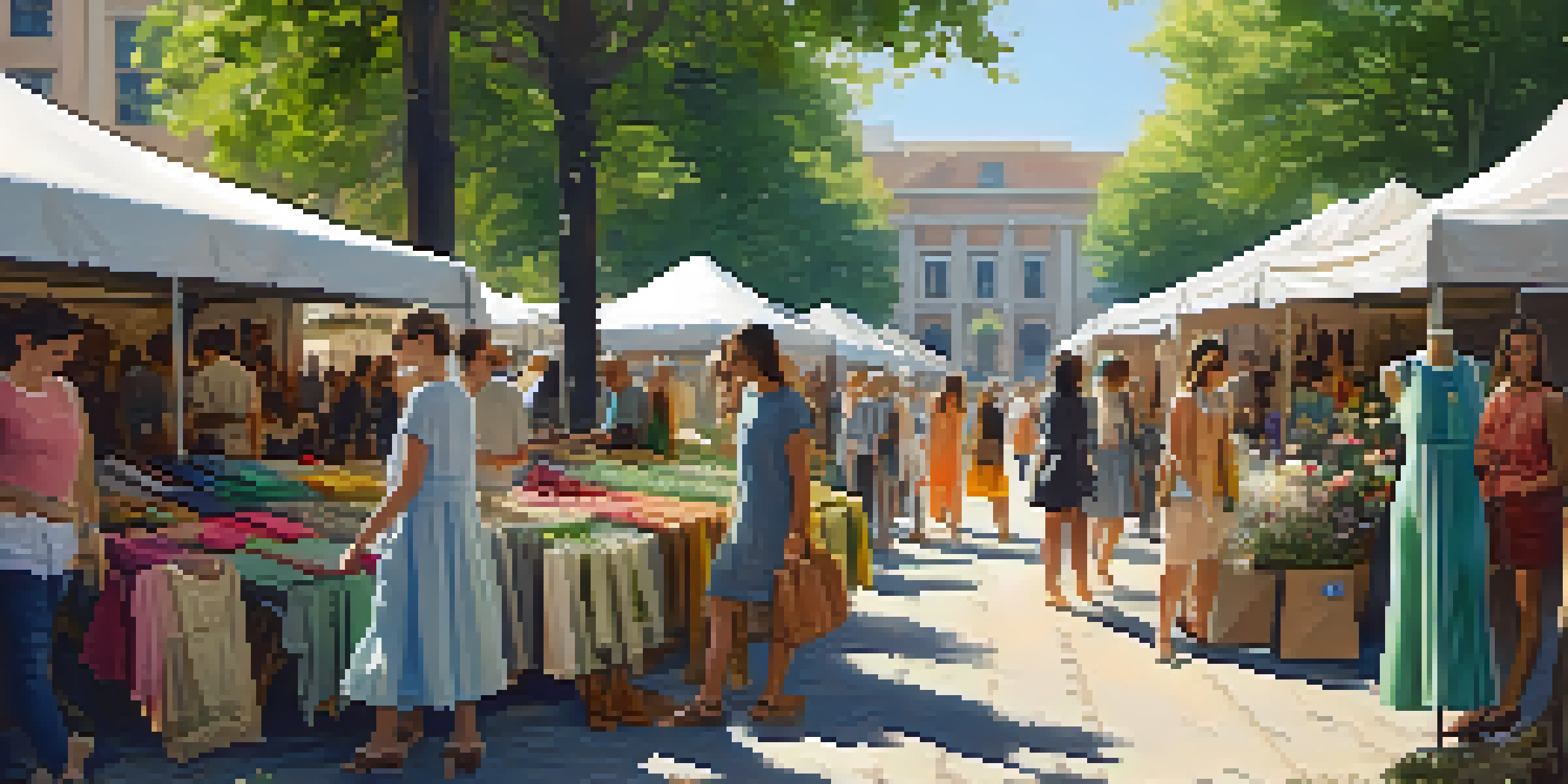 A sustainable fashion market with colorful stalls and diverse shoppers exploring eco-friendly clothing under sunlight filtering through trees.