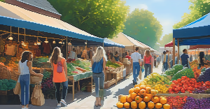 An outdoor market with stalls selling sustainable fashion clothing, surrounded by shoppers and natural elements.