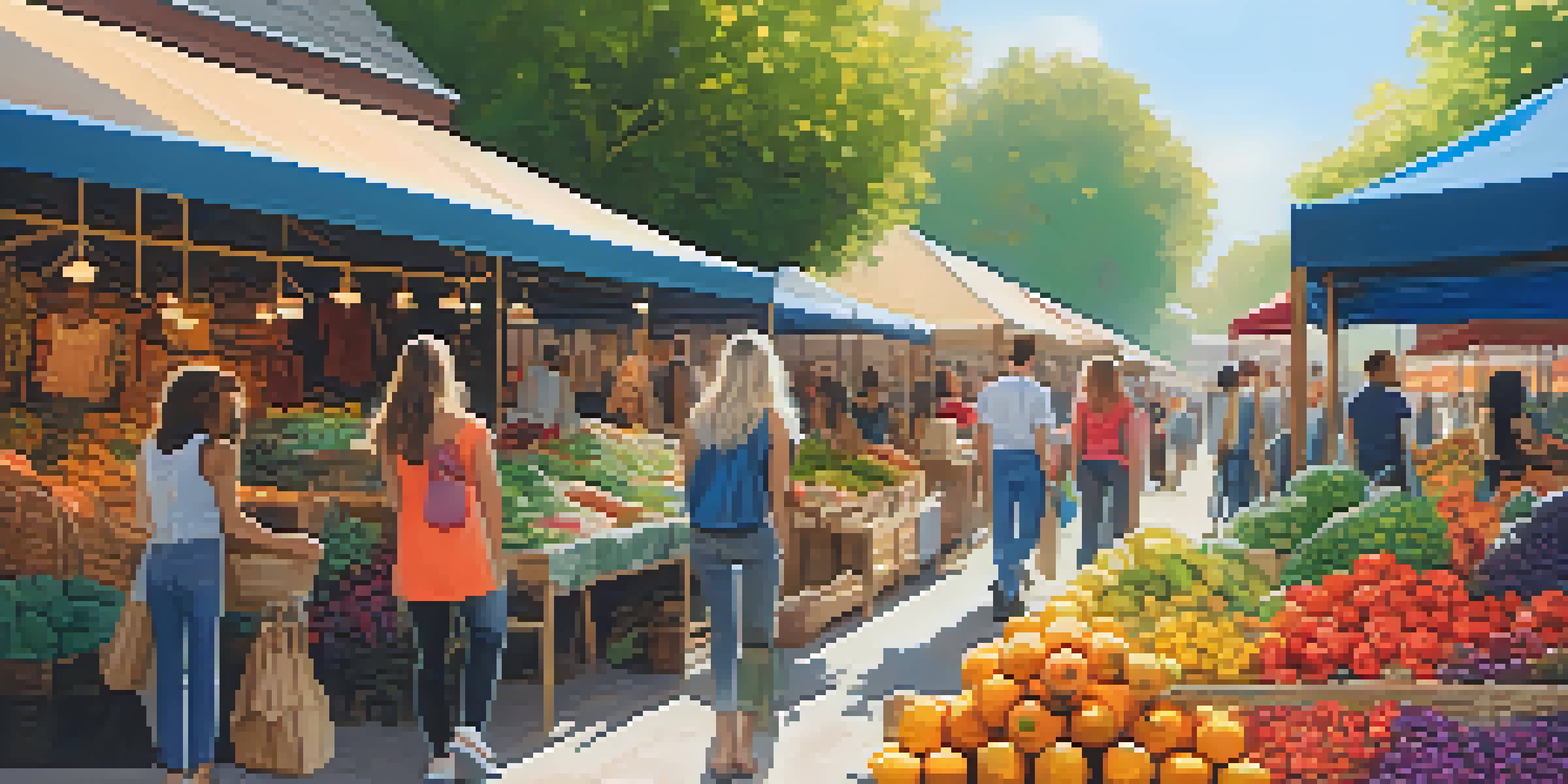 An outdoor market with stalls selling sustainable fashion clothing, surrounded by shoppers and natural elements.
