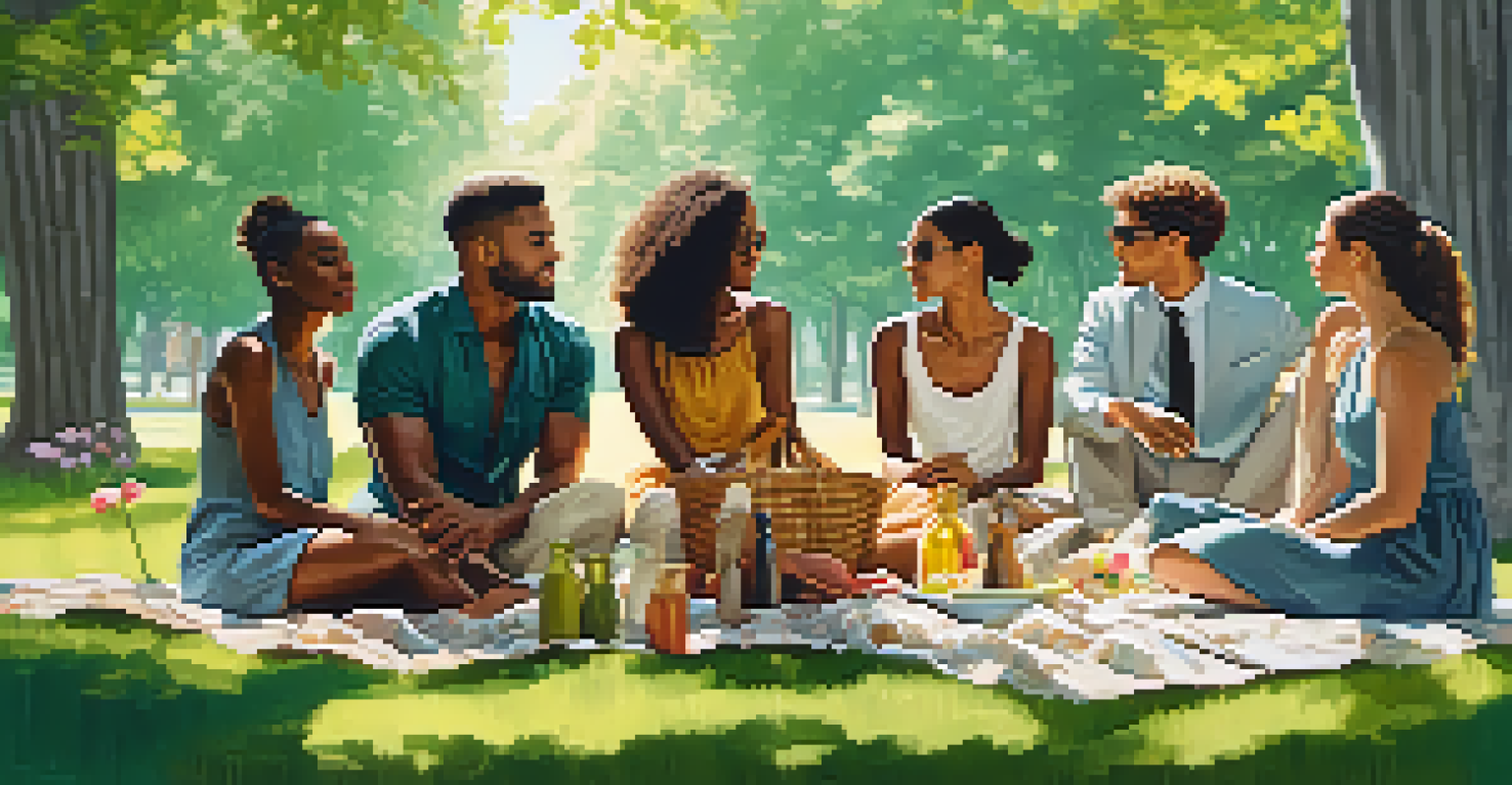 A diverse group of individuals dressed in sustainable fashion enjoying a picnic in a green park.