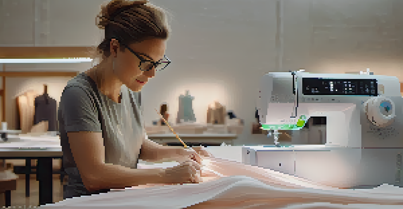 A designer examining biodegradable fabric in a bright studio, with sewing tools and sketches in the background.