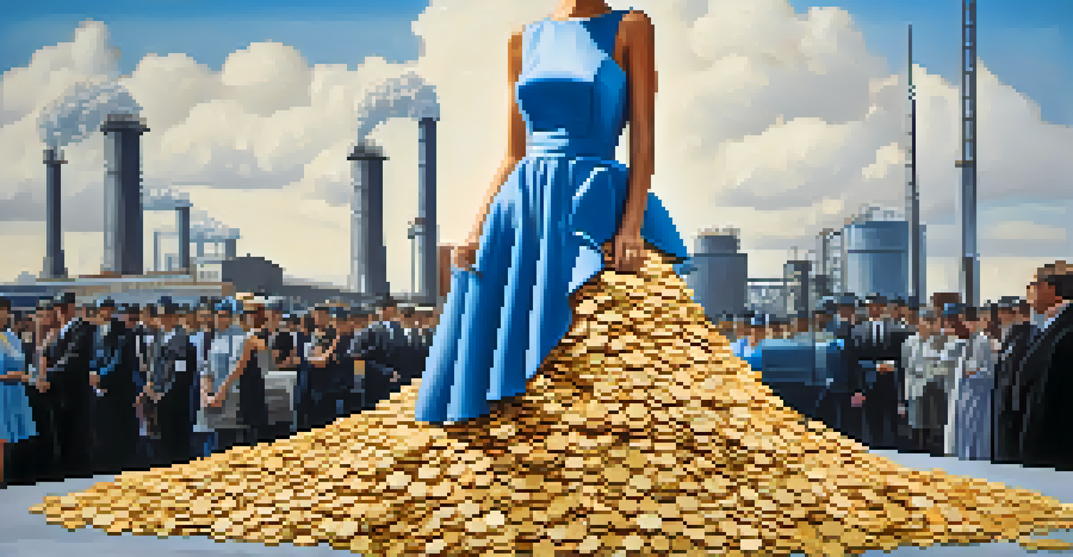 A scale balancing a luxurious dress and a stack of coins, set against a blurred factory background, symbolizing the fashion industry's economic disparity.