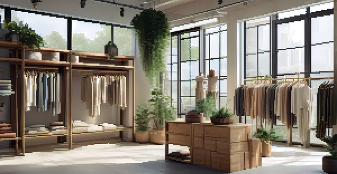 A bright and airy fashion boutique with sustainable clothing made from recycled materials, featuring wooden shelves and natural light.