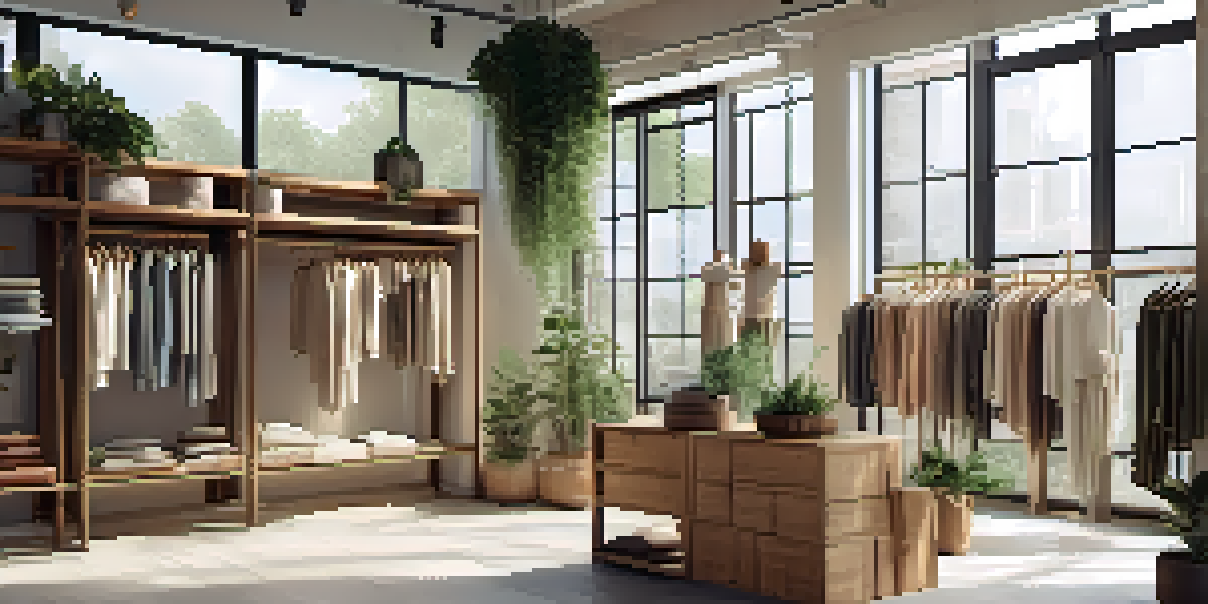 A bright and airy fashion boutique with sustainable clothing made from recycled materials, featuring wooden shelves and natural light.