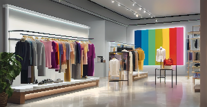 A bright and modern clothing store interior with customers browsing colorful fashion items, featuring a sign about return policies.