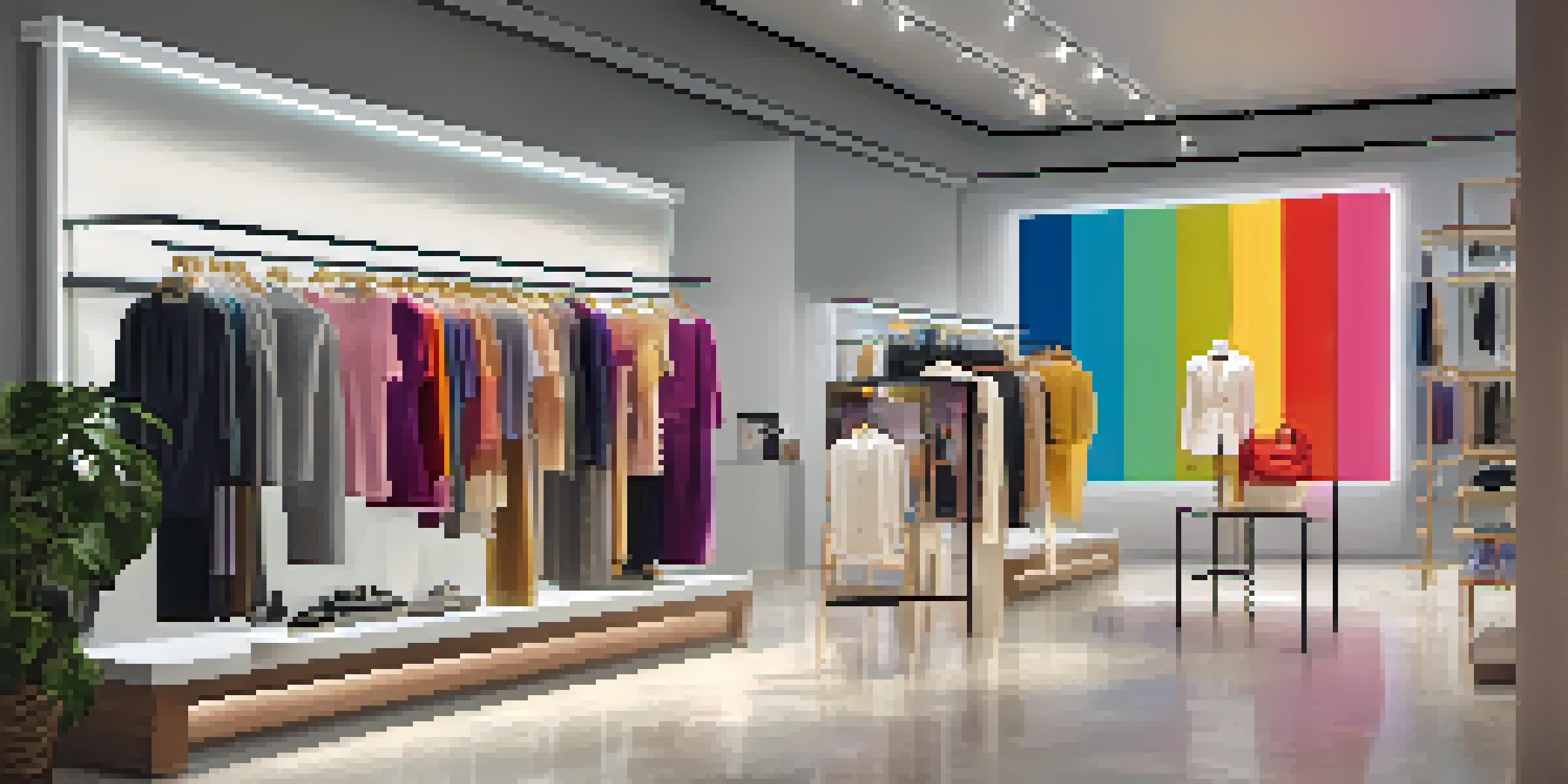A bright and modern clothing store interior with customers browsing colorful fashion items, featuring a sign about return policies.